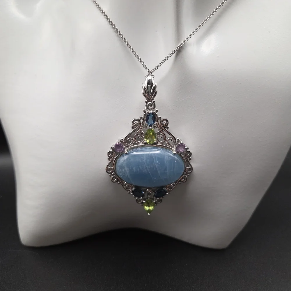 S/S Filigree Pendant Necklace with Blue Center And Multicolor Accent Stones - Picture 2 of 6